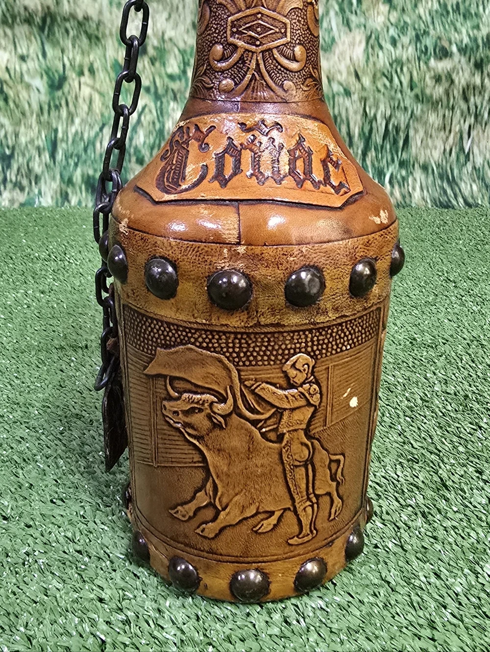 Vintage Handtooled Spanish Leather Glass Conac Decanter w Cork Plug Chain Tassel